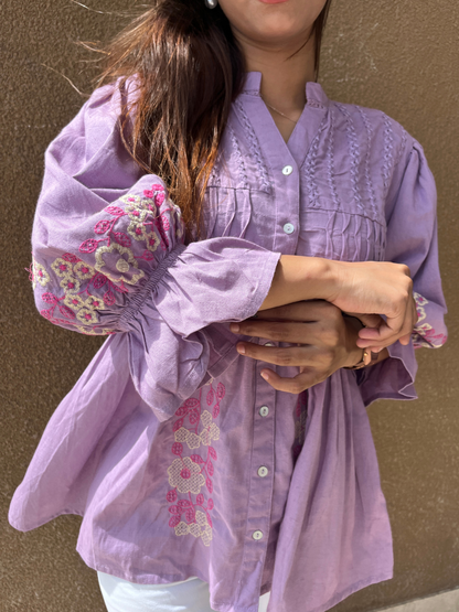 Lavender Button-Down Tunic with Floral Embroidery