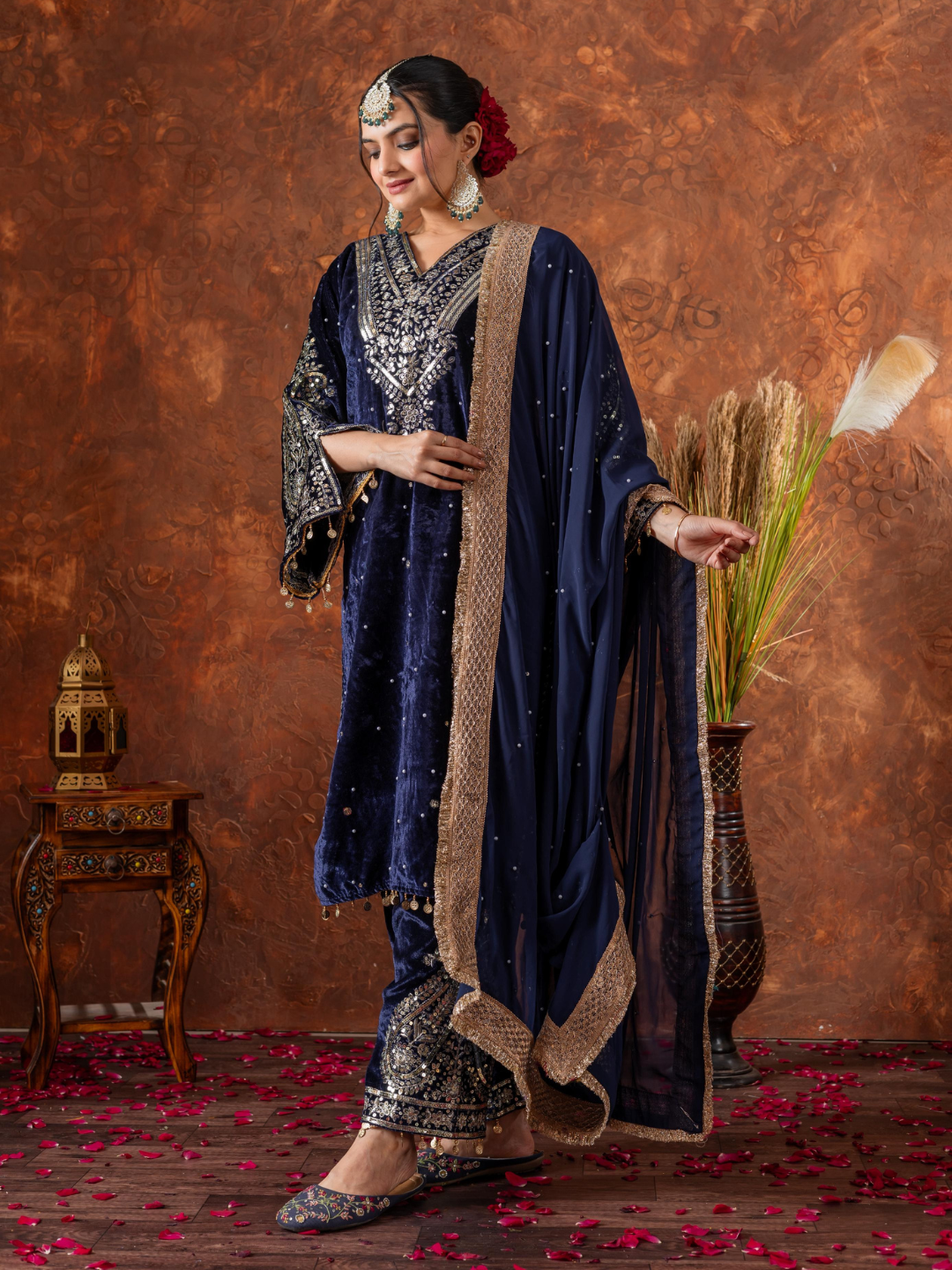 Opulent Velvet Embroidered Palazzo Set with Rivet Moti Detailing