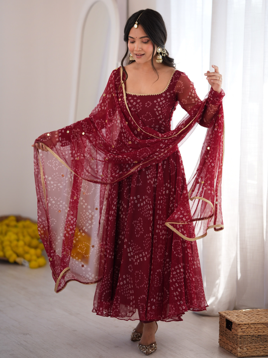 Festive Maroon Bandhani Georgette Dupatta Set