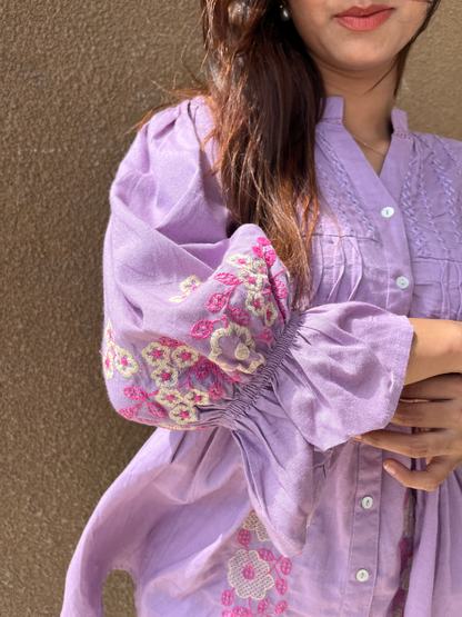 Lavender Button-Down Tunic with Floral Embroidery