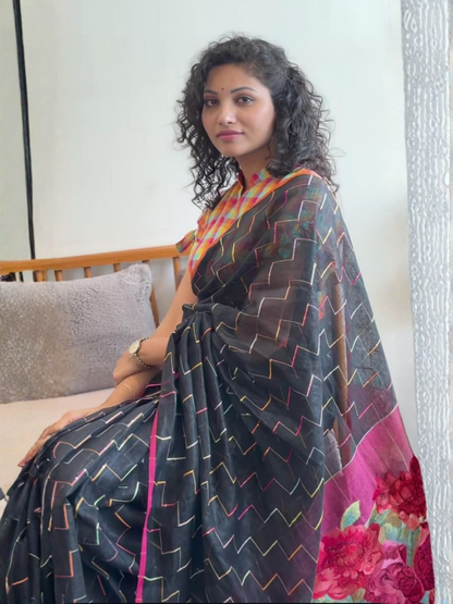Soft Linen Vibrant Saree with Checkered Blouse