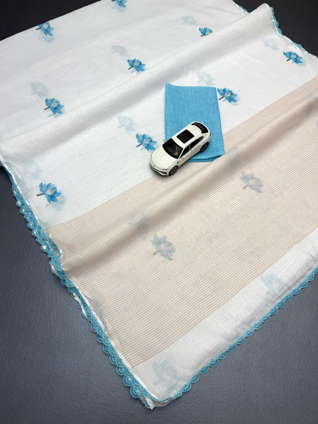 Lotus Motif Soft Linen Ivory Saree