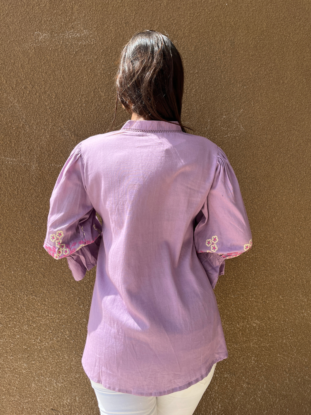 Lavender Button-Down Tunic with Floral Embroidery