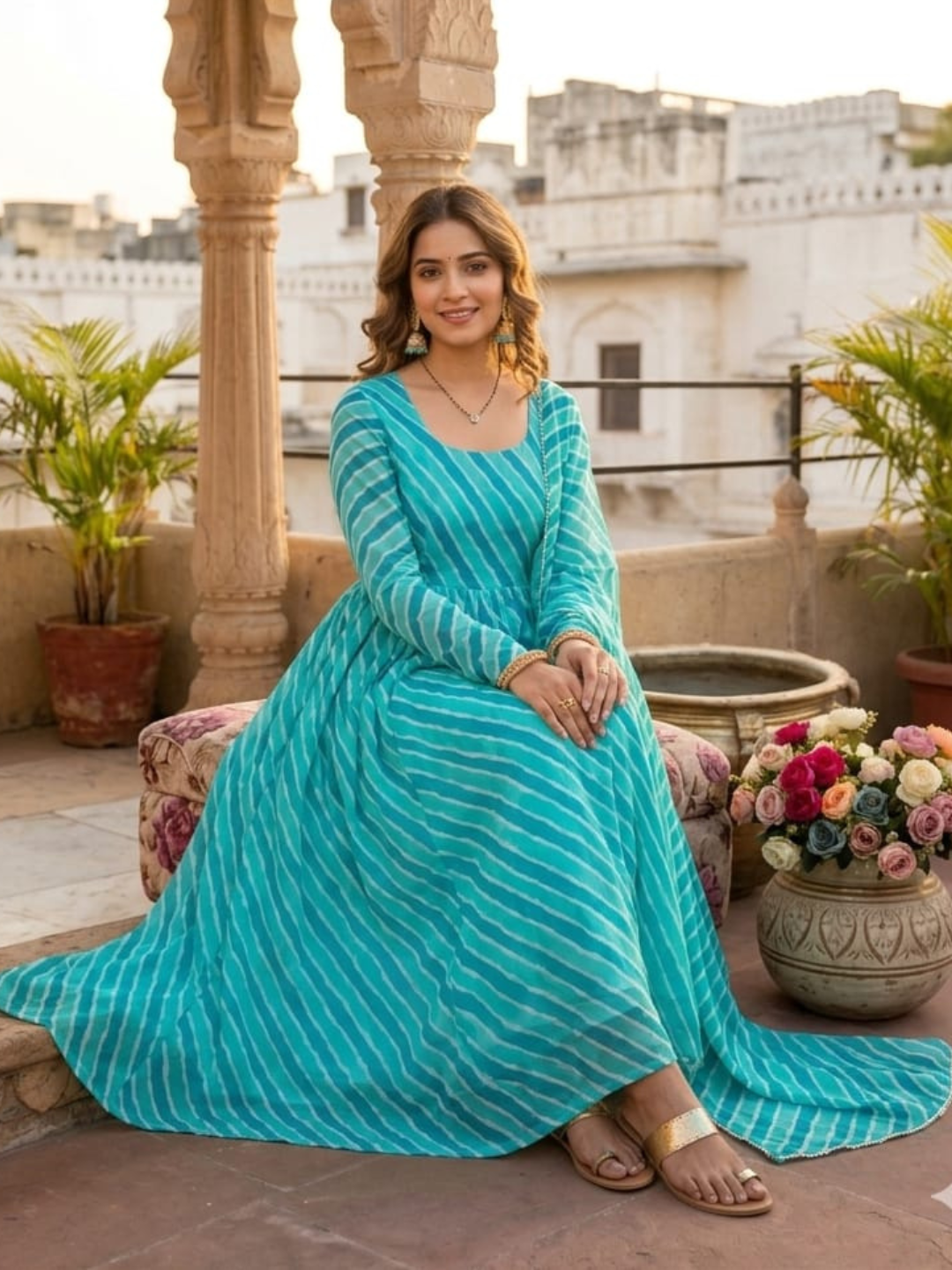 Turquoise Leheriya Anarkali Set