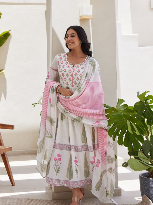 White Dupatta Set with Floral Block Print