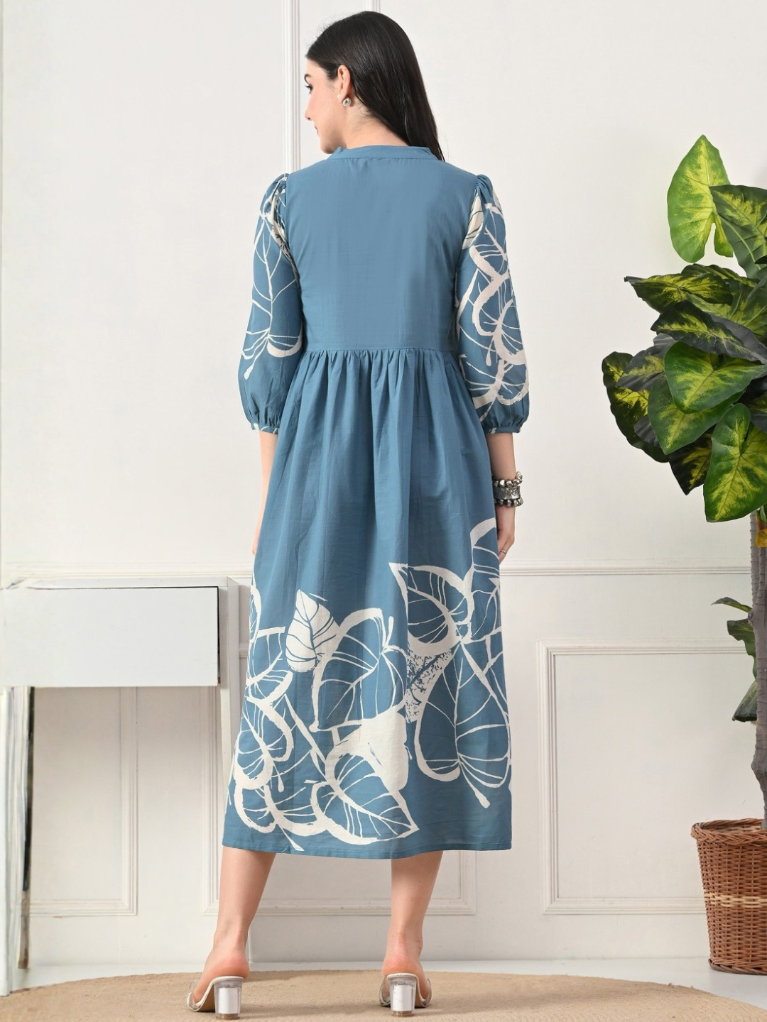 Serene Blue Cotton Printed Midi Dress