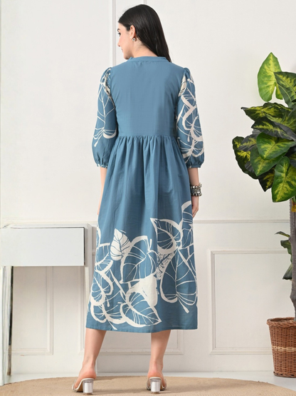 Serene Blue Cotton Printed Midi Dress