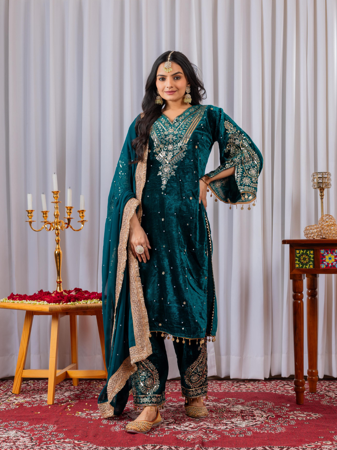 Opulent Velvet Embroidered Palazzo Set with Rivet Moti Detailing