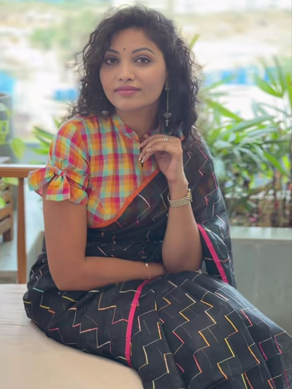 Soft Linen Vibrant Saree with Checkered Blouse