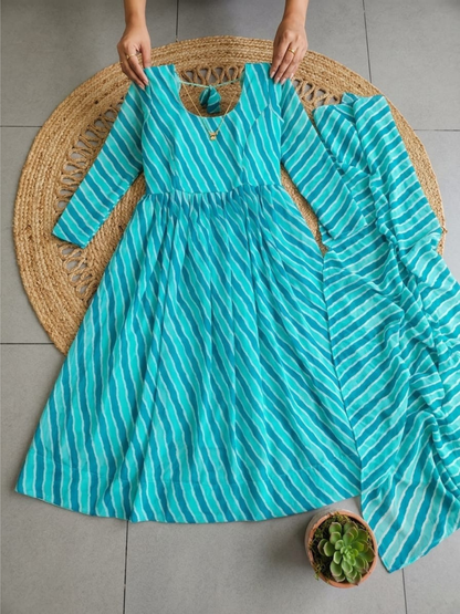 Turquoise Leheriya Anarkali Set