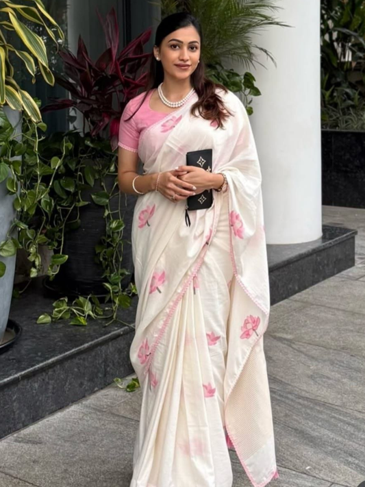 Lotus Motif Soft Linen Ivory Saree