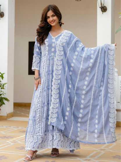 Lucknowi Elegance Mul Cotton Dupatta Set