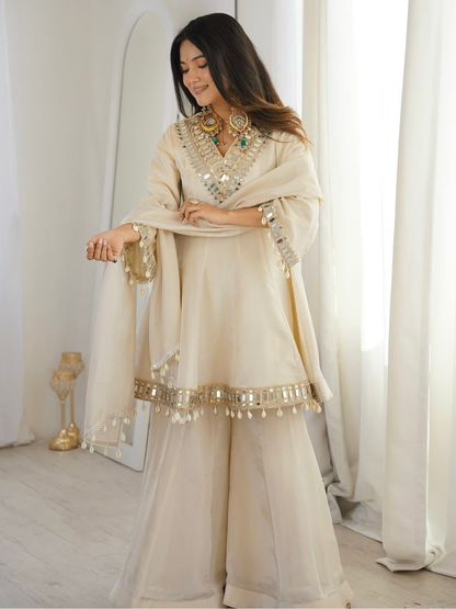 Ethereal Ivory Mirror-Work Organza Sharara Set