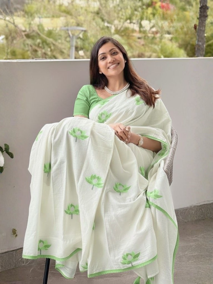 Lotus Motif Soft Linen Ivory Saree