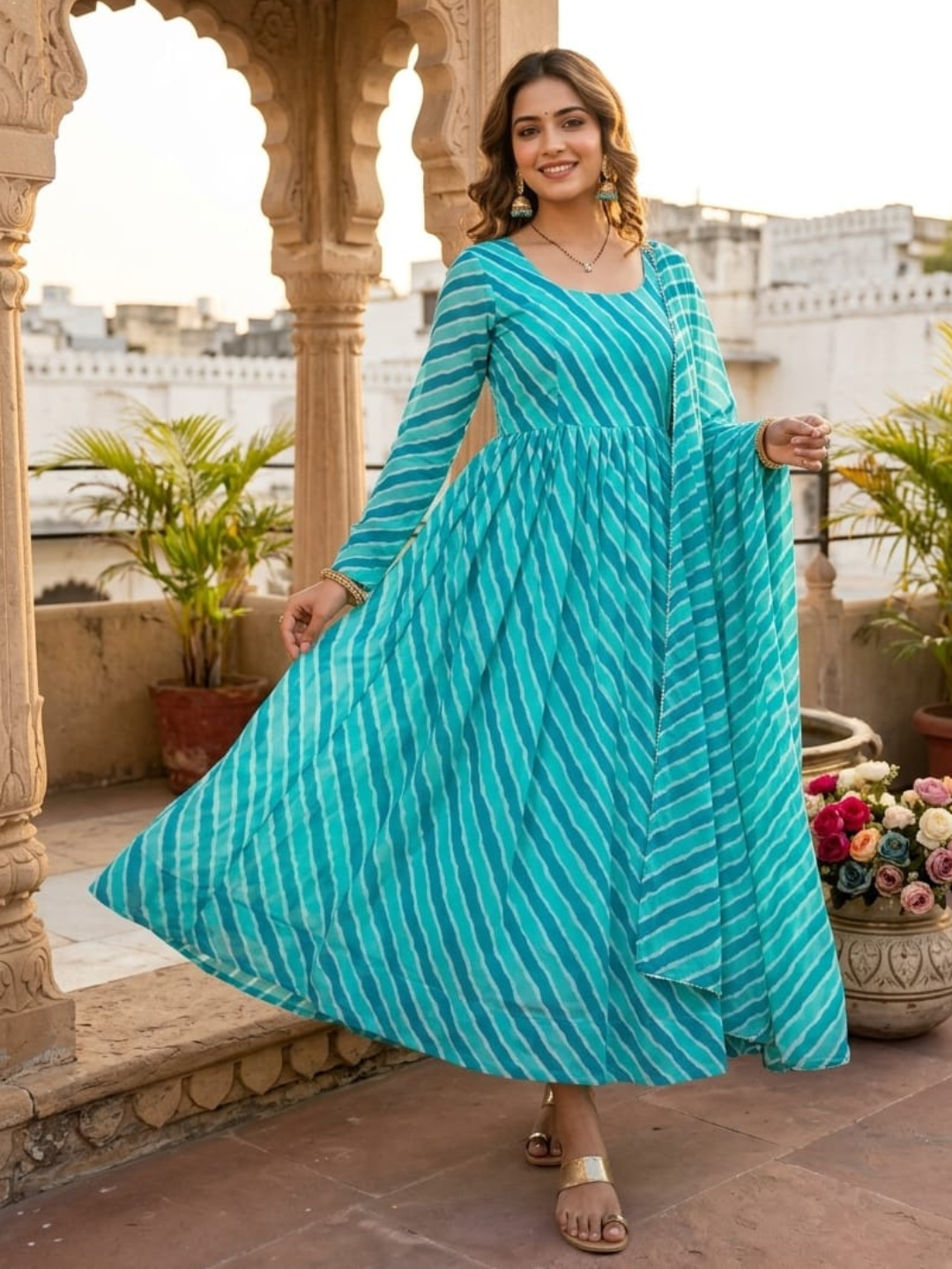 Turquoise Leheriya Anarkali Set