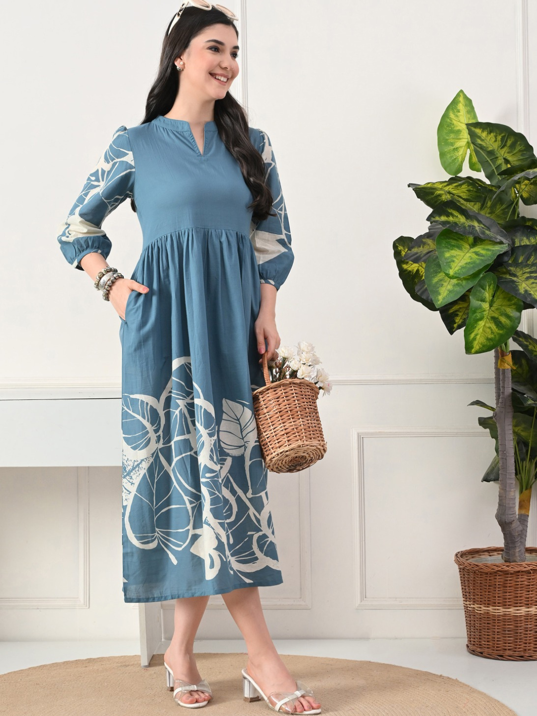Serene Blue Cotton Printed Midi Dress