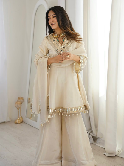 Ethereal Ivory Mirror-Work Organza Sharara Set