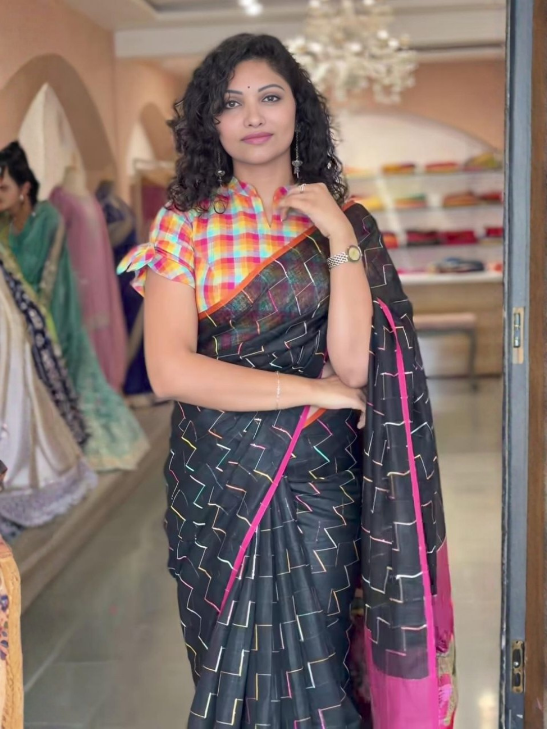 Soft Linen Vibrant Saree with Checkered Blouse