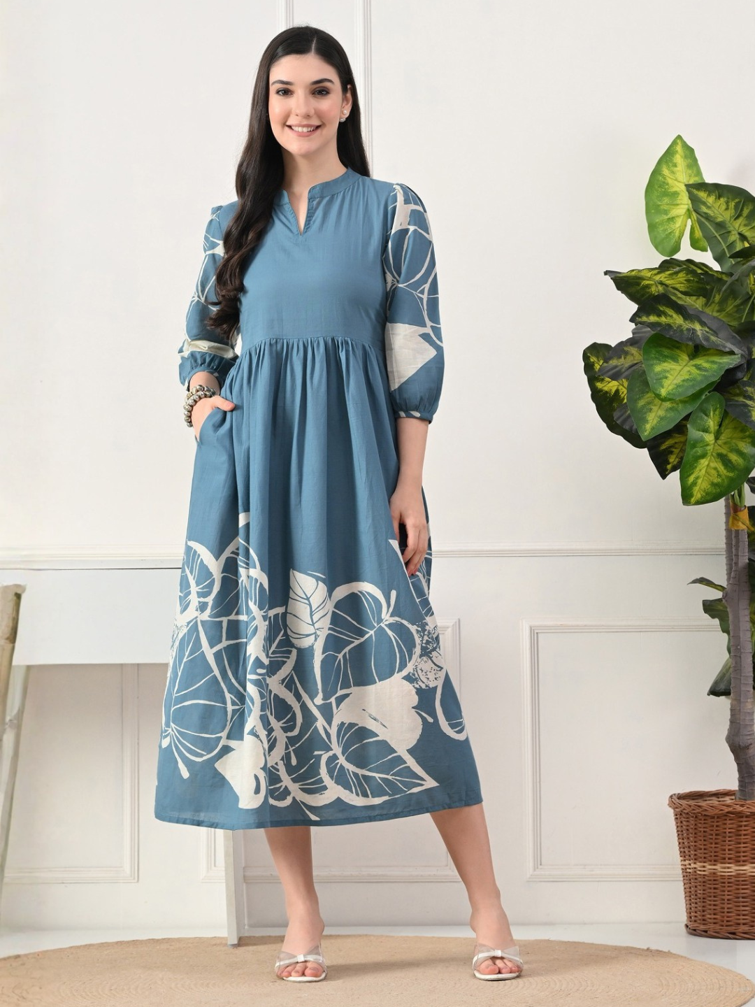 Serene Blue Cotton Printed Midi Dress