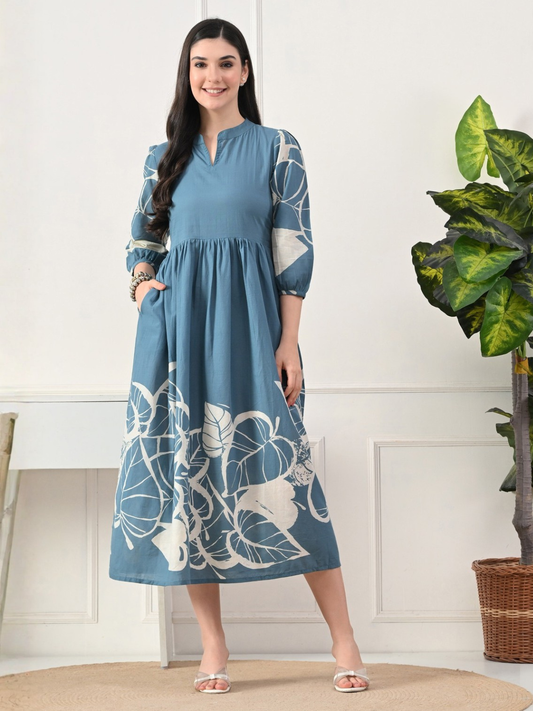 Serene Blue Cotton Printed Midi Dress