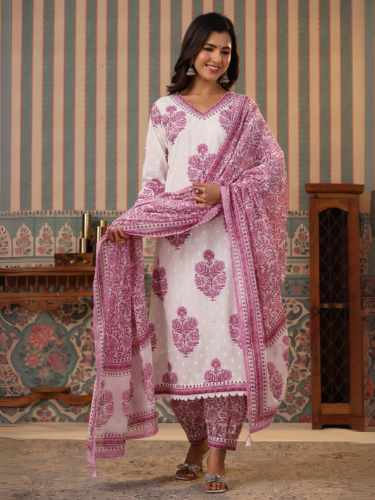 White Dobby Cotton Dupatta Set with Pink Motifs