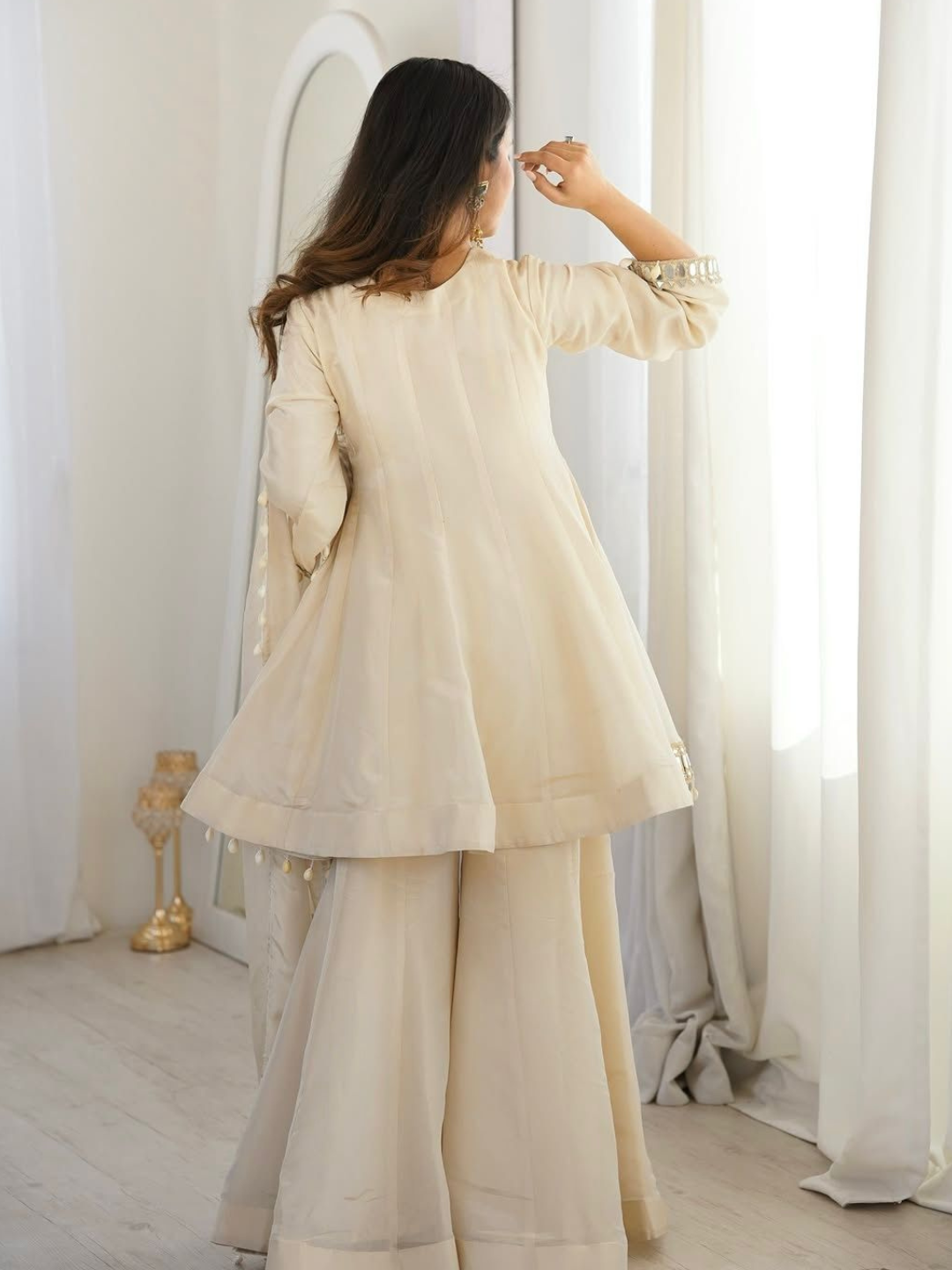 Ethereal Ivory Mirror-Work Organza Sharara Set