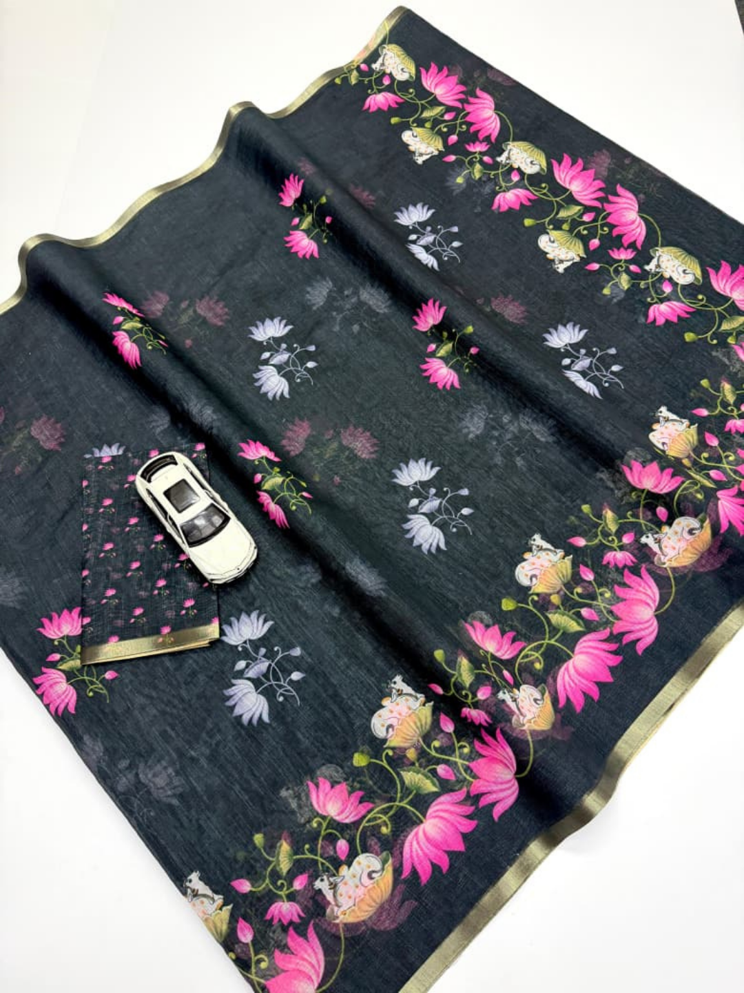 Pichwai Bloom Soft Linen Saree