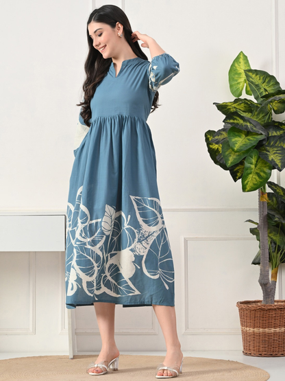 Serene Blue Cotton Printed Midi Dress