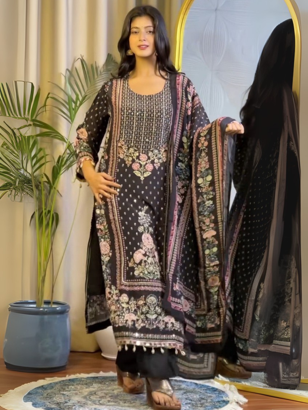 Midnight Bloom Black Muslin Dupatta Set