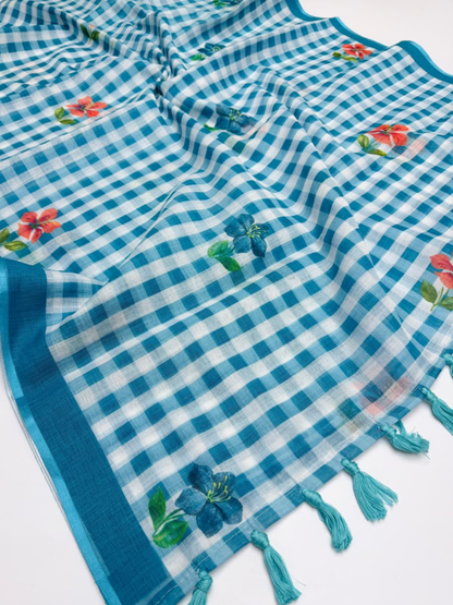 Digital Print Checkered Soft Linen Saree