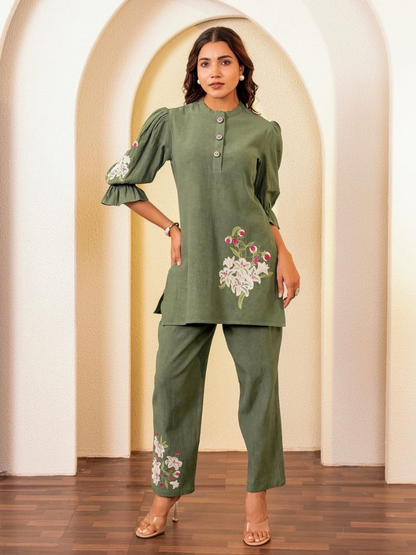 Graceful Green Floral Embroidered Cotton Co-Ord Set