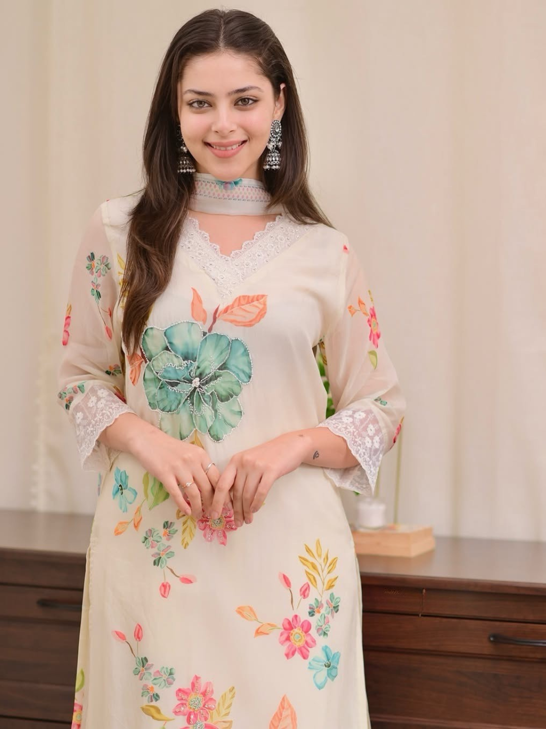 Bloom in Elegance: Off-White Organza Dupatta Set
