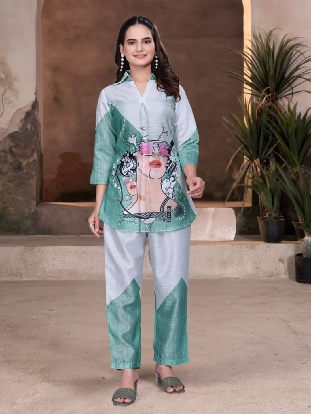 Chic Green Cotton Silk Digital Print Co-ord Set