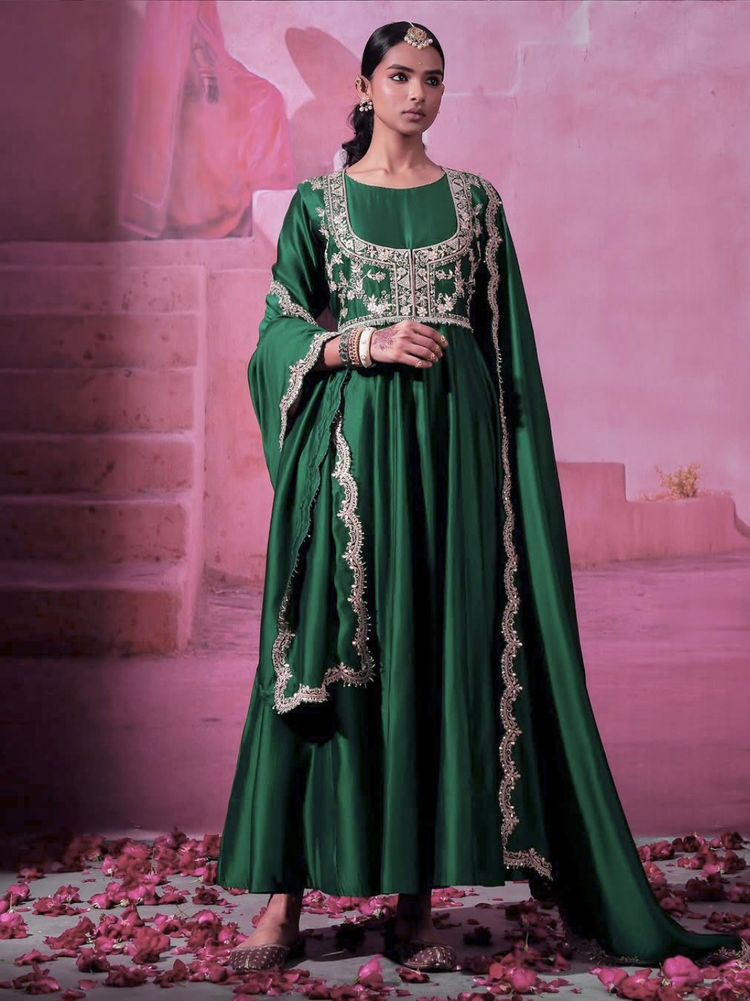 Regal Chinon Silk Gown Set with Embroidered Koti
