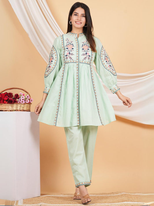 Mint Green Embroidered Cotton Co-ord Set