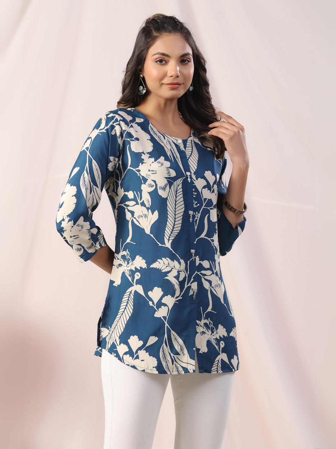 Dark Blue Floral Print Muslin Tunic