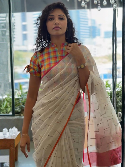 Soft Linen Vibrant Saree with Checkered Blouse