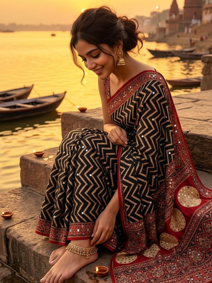 Heritage Elegance Ajrakh Mirror Work Saree