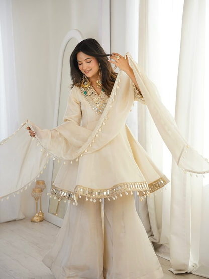 Ethereal Ivory Mirror-Work Organza Sharara Set