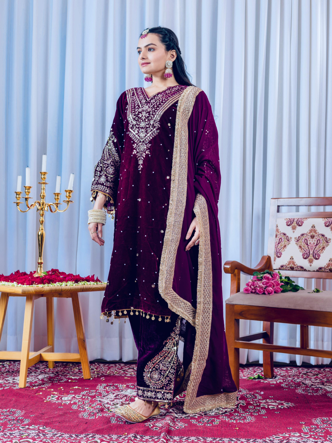 Opulent Velvet Embroidered Palazzo Set with Rivet Moti Detailing