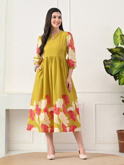 Sunlit Mustard Bloom Midi Dress