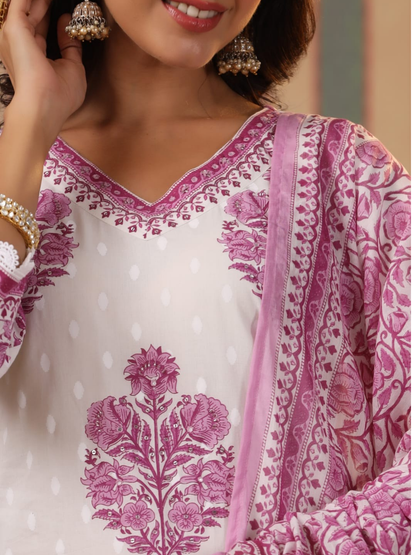 White Dobby Cotton Dupatta Set with Pink Motifs