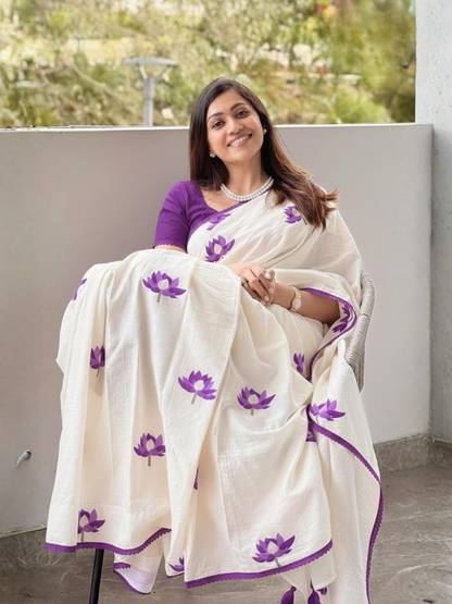 Lotus Motif Soft Linen Ivory Saree