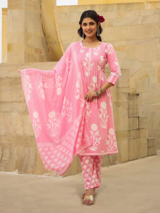 Pink Blossom Cotton Dupatta Set