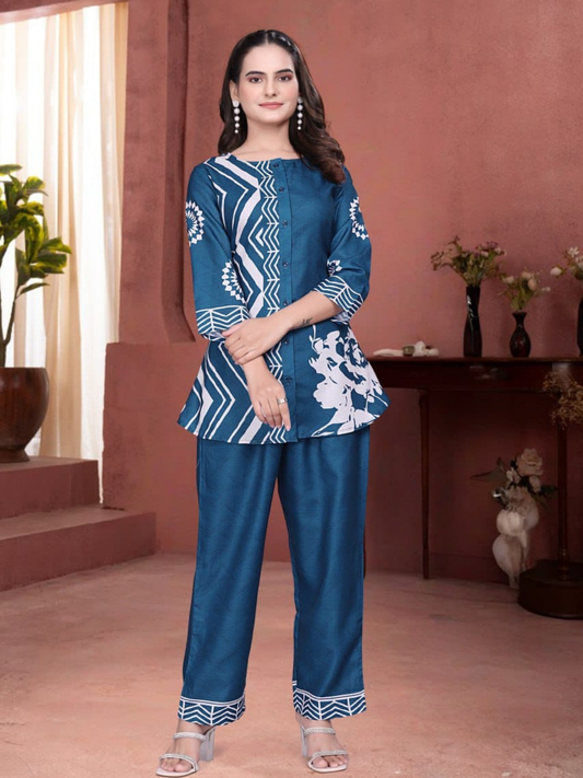 Deep Teal Co-ord Set with Ethnic Motif Print