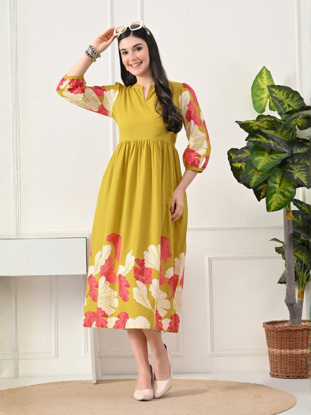 Sunlit Mustard Bloom Midi Dress