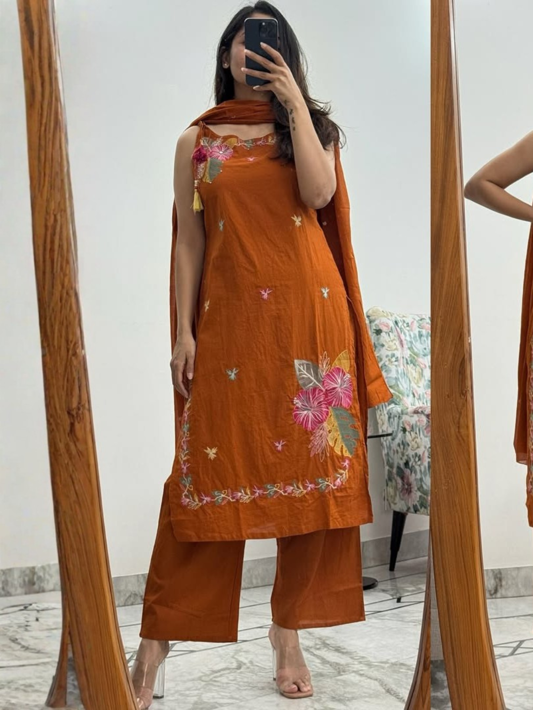 Rust Noodle Strap Dupatta Set