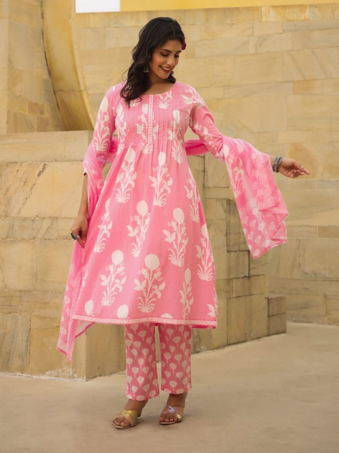 Pink Blossom Cotton Dupatta Set