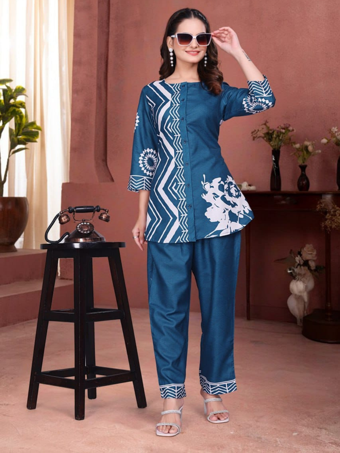 Deep Teal Co-ord Set with Ethnic Motif Print