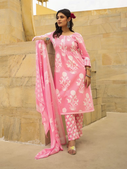 Pink Blossom Cotton Dupatta Set